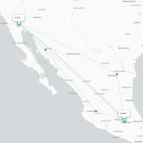 Mapa de vuelo directo Mexicali - Ciudad de México, D.F.