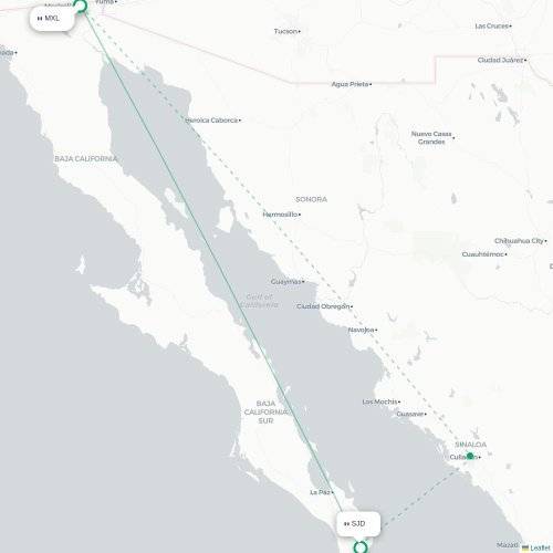 Mexicali - San José del Cabo kort over direkte fly