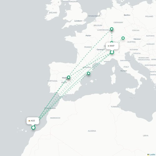 Mapa de vuelo directo Milán - Arrecife