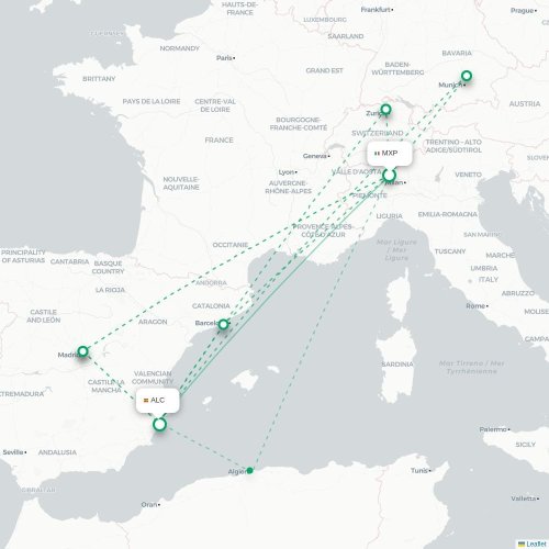 Mapa de vuelo directo Milán - Alicante