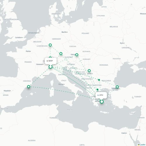 Milano - Aten karta över direktflyg