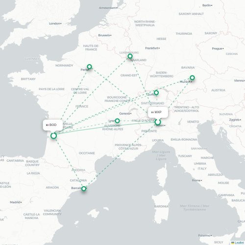 Mapa lotu bezpośredniego Mediolan – Bordeaux