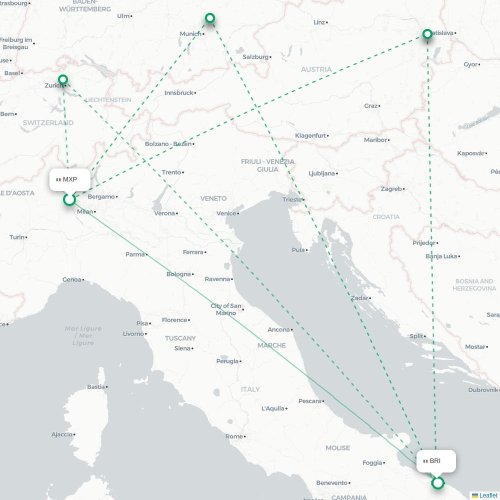 Mapa lotu bezpośredniego Mediolan – Bari