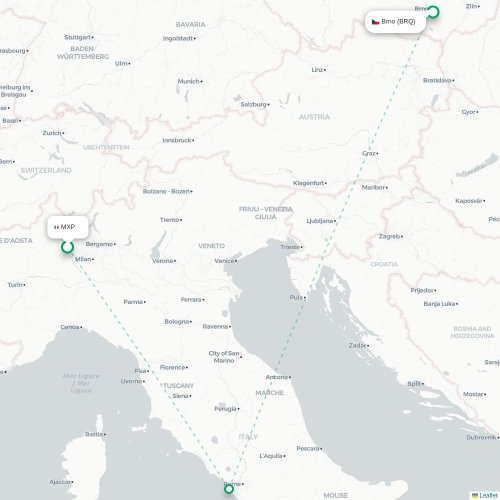 Mapa lotu bezpośredniego Mediolan – Brno