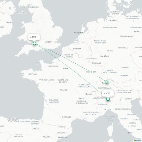 Mapa de vuelo directo Milán - Brístol