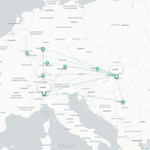 Mapa lotu bezpośredniego Mediolan – Budapeszt