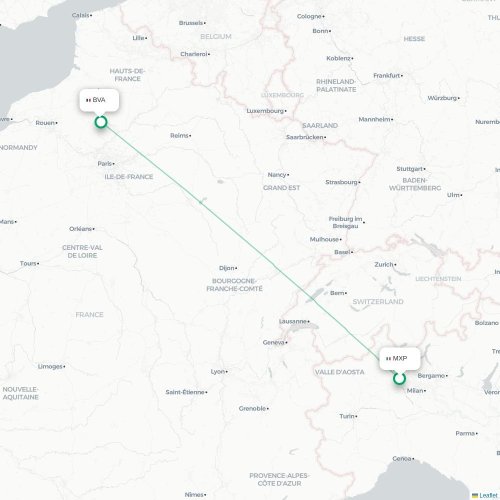 Mapa lotu bezpośredniego Mediolan – Paryż