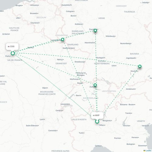Mapa lotu bezpośredniego Mediolan – Paryż