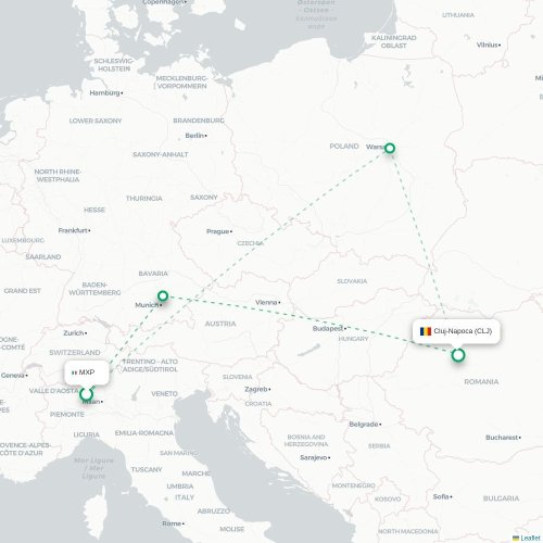 Mapa de vuelo directo Milán - Cluj