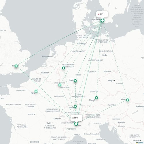Mapa lotu bezpośredniego Mediolan – Kopenhaga