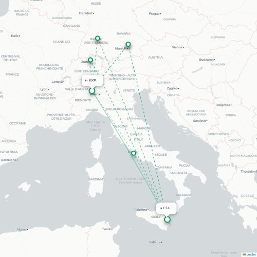 Mapa lotu bezpośredniego Mediolan – Katania