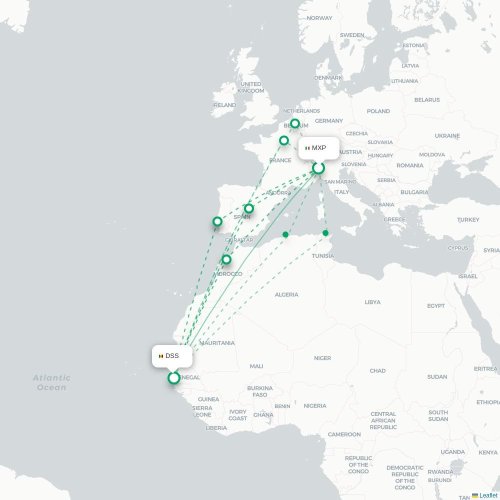 Milaan - Dakar kaart van rechtstreekse vlucht
