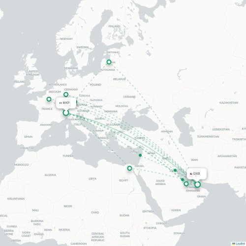Mapa lotu bezpośredniego Mediolan – Dubaj