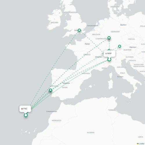 Mapa lotu bezpośredniego Mediolan – Funchal