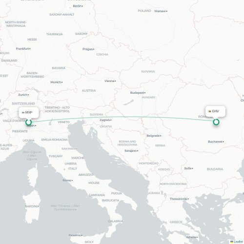 Mapa de vuelo directo Milán - Braşov