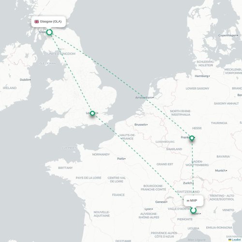 Mapa lotu bezpośredniego Mediolan – Glasgow