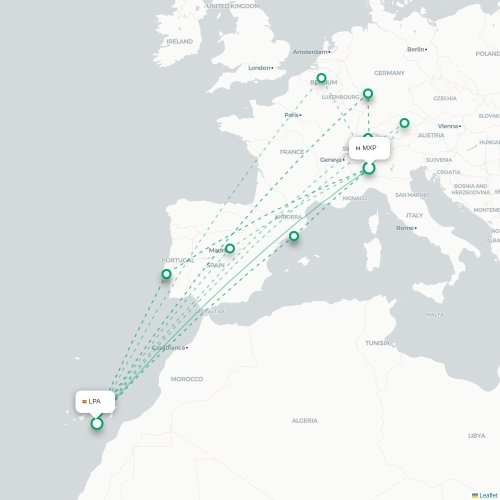 Mapa de vuelo directo Milán - Las Palmas de Gran Canaria