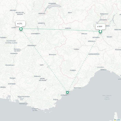 Mapa lotu bezpośredniego Mediolan – Lyon