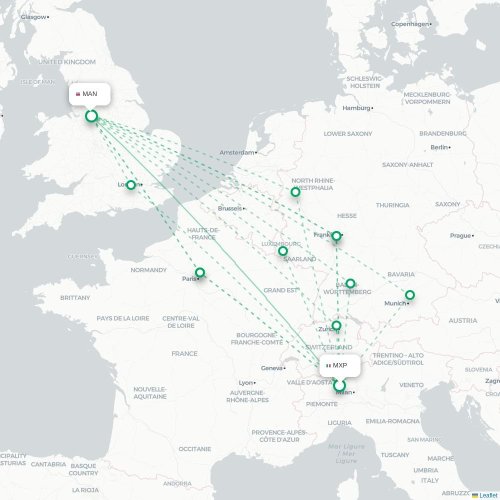 Mapa de vuelo directo Milán - Mánchester