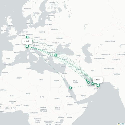 Mapa lotu bezpośredniego Mediolan – Maskat