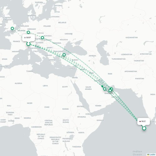 Mapa de vuelo directo Milán - Malé