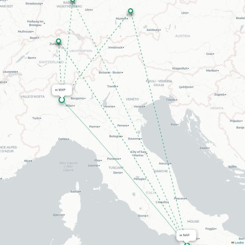 Mapa lotu bezpośredniego Mediolan – Neapol