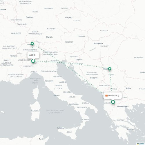 Milano - Ohrid karta över direktflyg