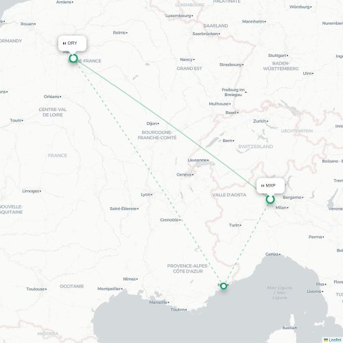 Mapa lotu bezpośredniego Mediolan – Paryż