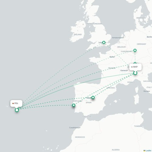 Mapa lotu bezpośredniego Mediolan – Ponta Delgada