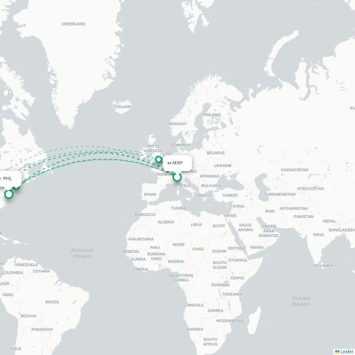 Mapa de vuelo directo Milán - Filadelfia