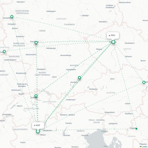 Mapa lotu bezpośredniego Mediolan – Praga