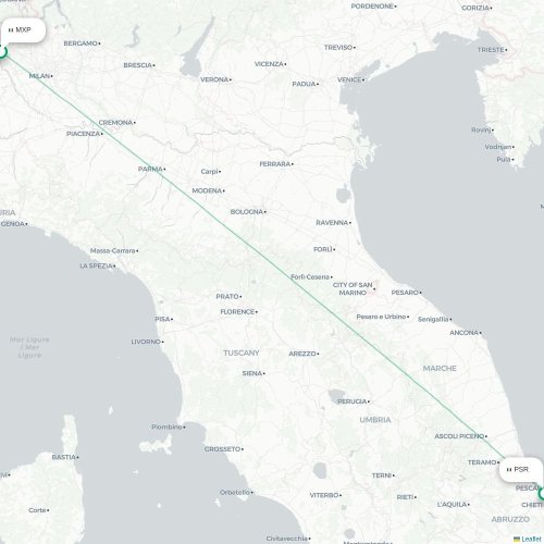 Milano - Pescara kort over direkte fly