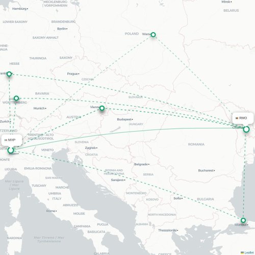 Mapa de vuelo directo Milán - Chişinău
