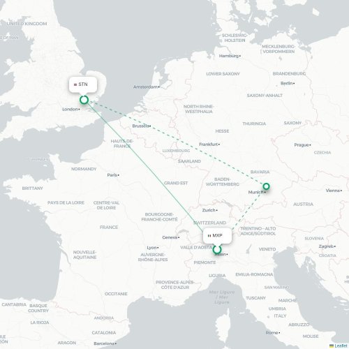 Mapa de vuelo directo Milán - Londres