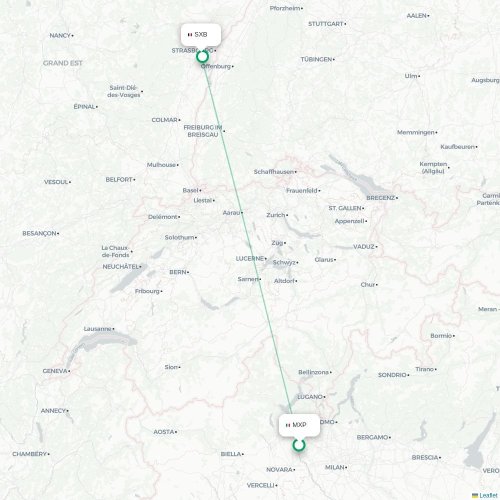 Mapa de vuelo directo Milán - Estrasburgo