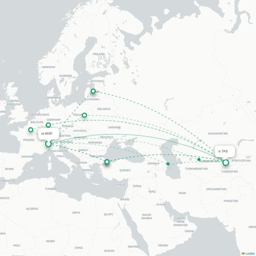 Mapa de vuelo directo Milán - Taskent