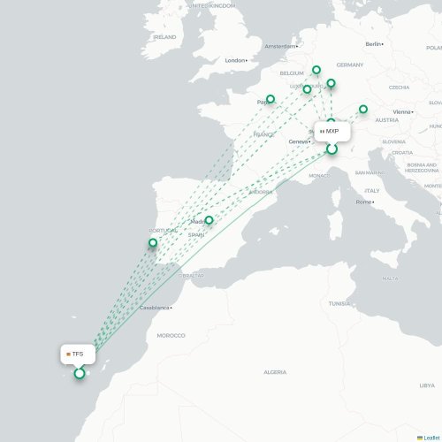 Mapa de vuelo directo Milán - Granadilla de Abona