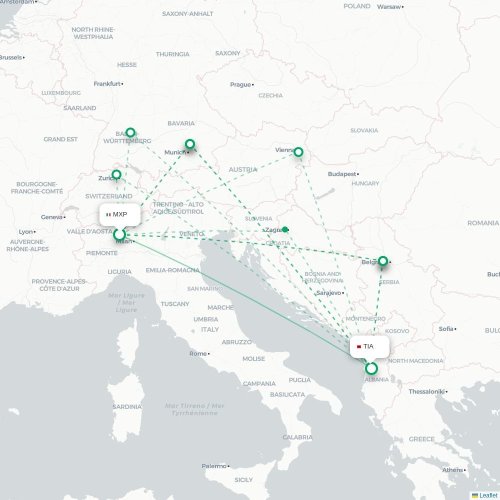 Mapa lotu bezpośredniego Mediolan – Tirana