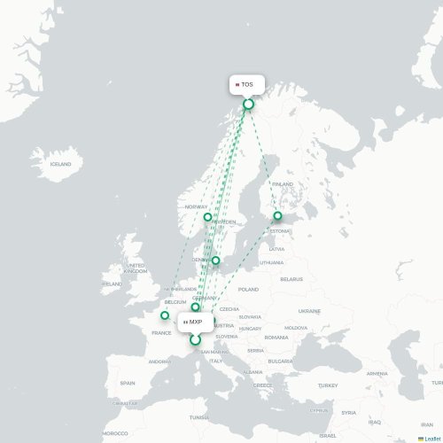 Mapa de vuelo directo Milán - Tromso