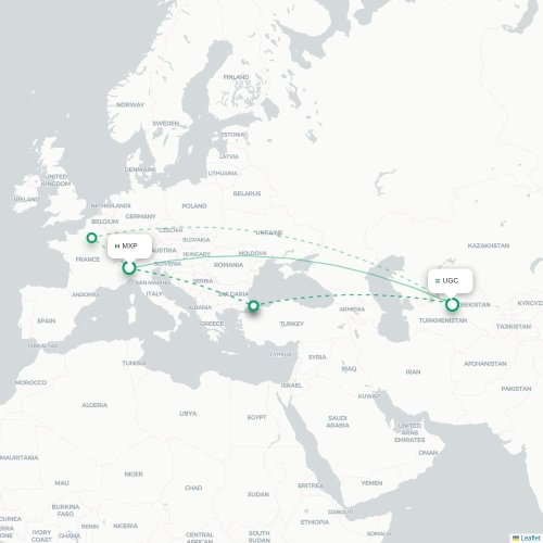 Mapa de vuelo directo Milán - Urgench