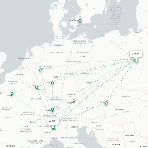 Mapa lotu bezpośredniego Mediolan – Warszawa
