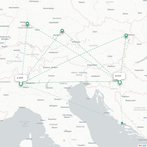 Milano - Zagreb kort over direkte fly