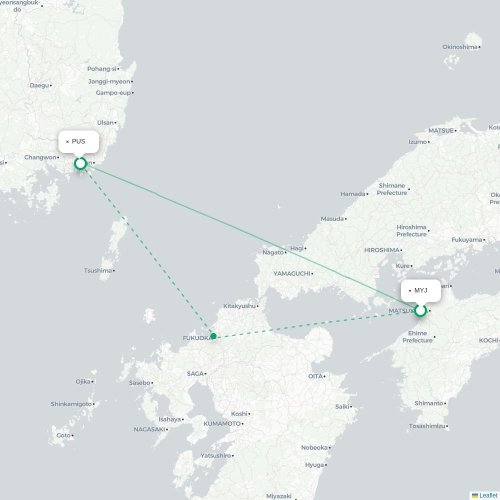 Mapa de vuelo directo Matsuyama - Busán