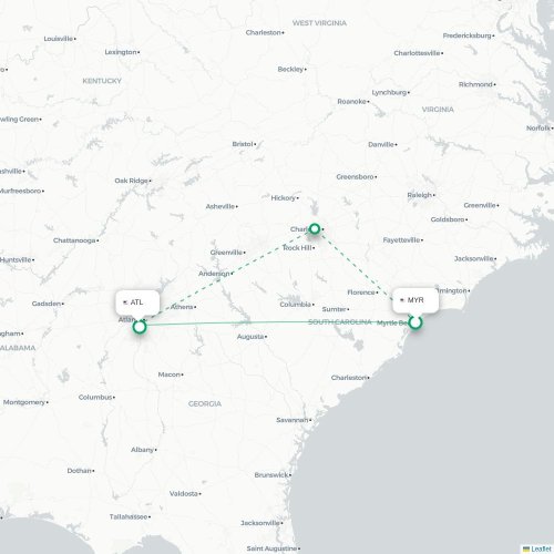 Mapa lotu bezpośredniego Myrtle Beach – Atlanta