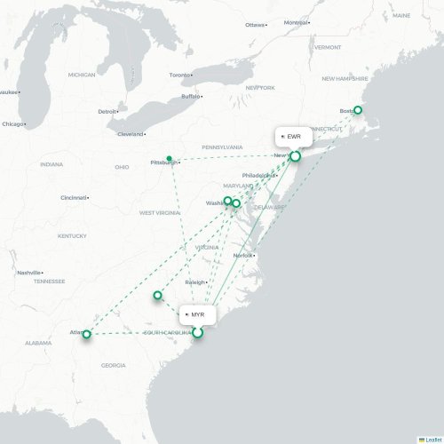 Mapa lotu bezpośredniego Myrtle Beach – Newark