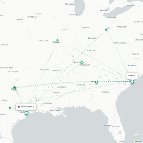Mapa lotu bezpośredniego Myrtle Beach – Houston