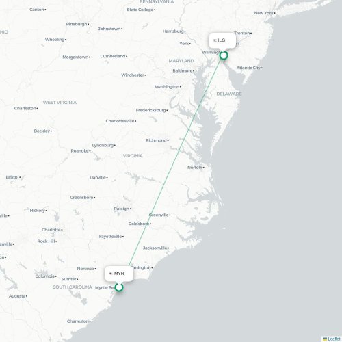 Mapa lotu bezpośredniego Myrtle Beach – Wilmington