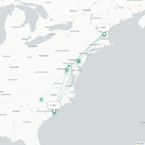 Mapa lotu bezpośredniego Myrtle Beach – Manchester