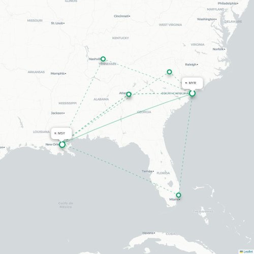 Mapa de vuelo directo Myrtle Beach - Nueva Orleans