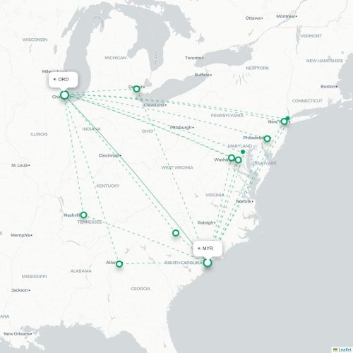 Mapa lotu bezpośredniego Myrtle Beach – Chicago